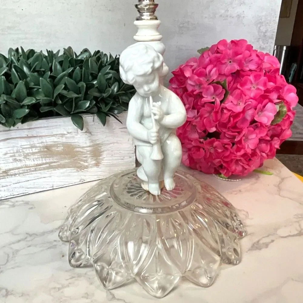 Crystal Compote Bowl Hollywood Regency Cherub Pedestal Centerpiece Vintage